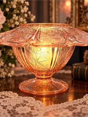 Vintage Pink Depression Glass Cherry Blossom Fairy Lamp Sherbet & Plate